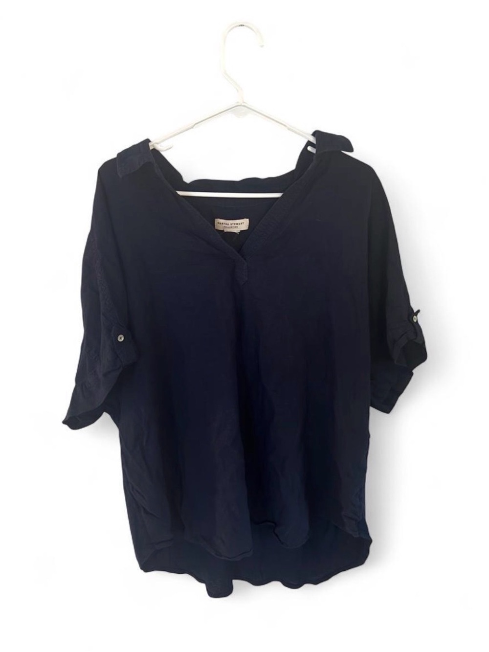 Martha Stewart Navy V-Neck Roll-Tab Sleeve Blouse